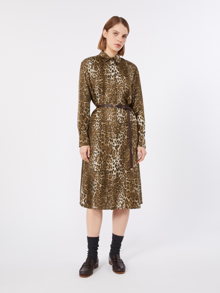 Printed silk shirt dress - BROWN - 2