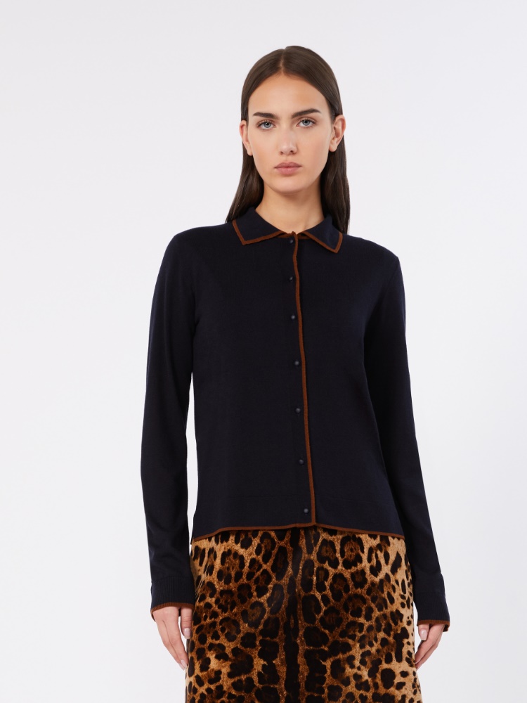 Wool and silk yarn cardigan - NAVY - 2