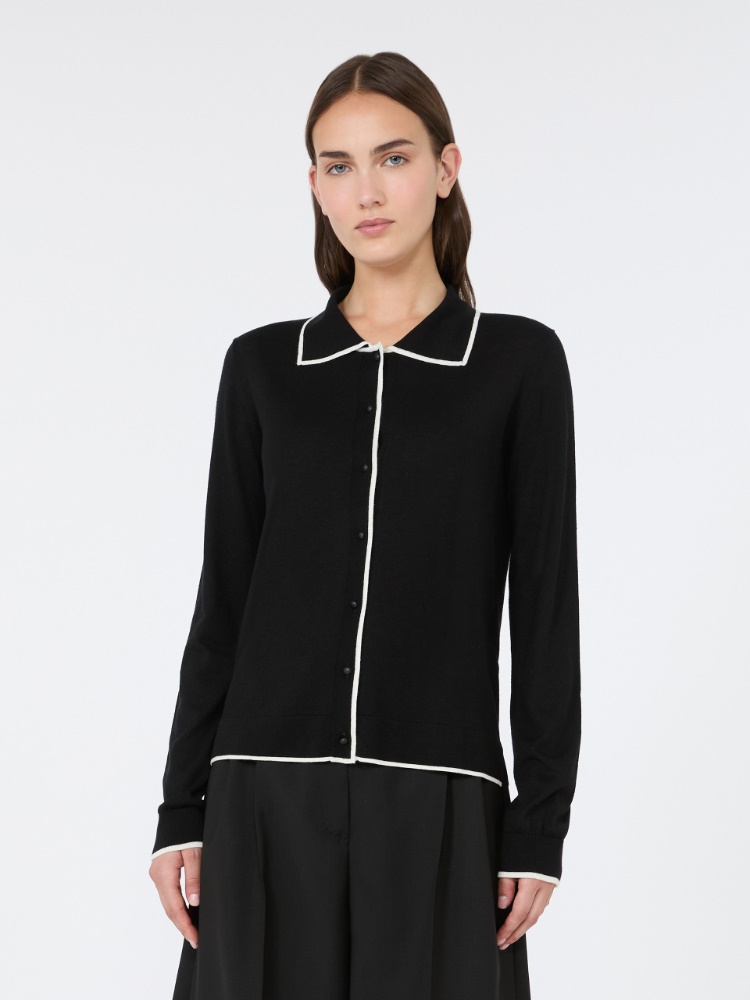 Wool and silk yarn cardigan - BLACK WHITE - 2