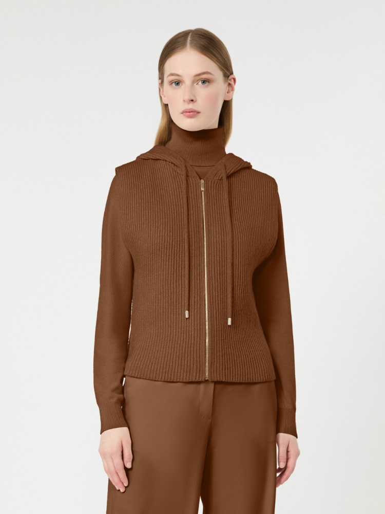 Wool and cashmere hooded gilet - TOBACCO