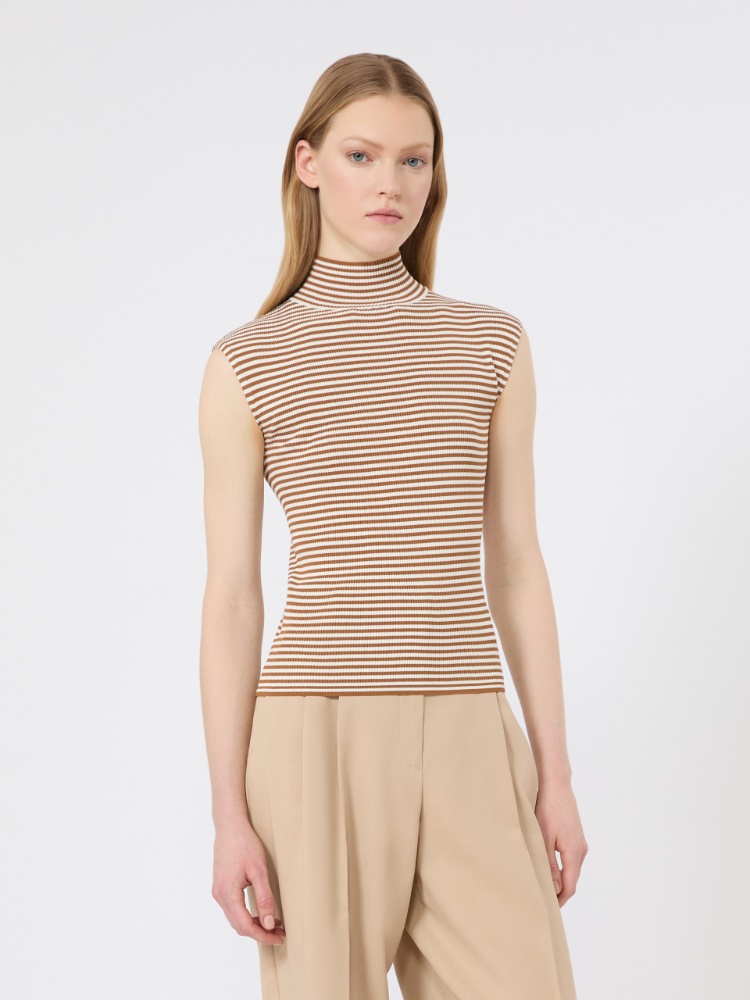 Sleeveless viscose crepe polo-neck sweater - CARAMEL - 2