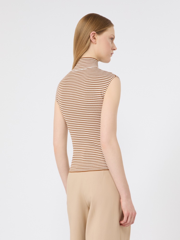 Sleeveless viscose crepe polo-neck sweater - CARAMEL - 3
