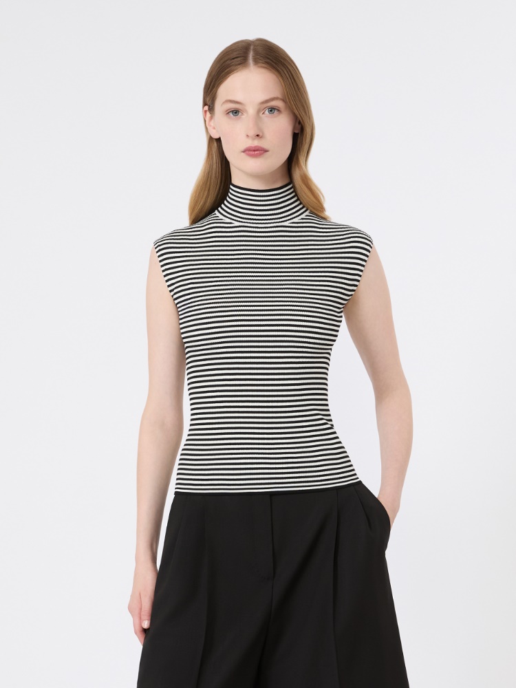 Sleeveless viscose crepe polo-neck sweater - BLACK WHITE - 2