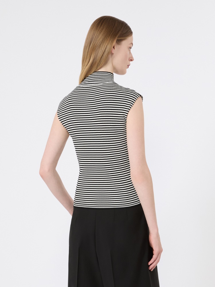 Sleeveless viscose crepe polo-neck sweater - BLACK WHITE - 3