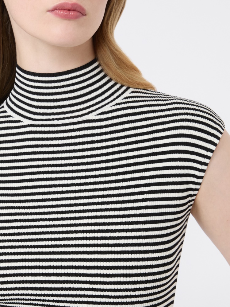 Sleeveless viscose crepe polo-neck sweater - BLACK WHITE - 4