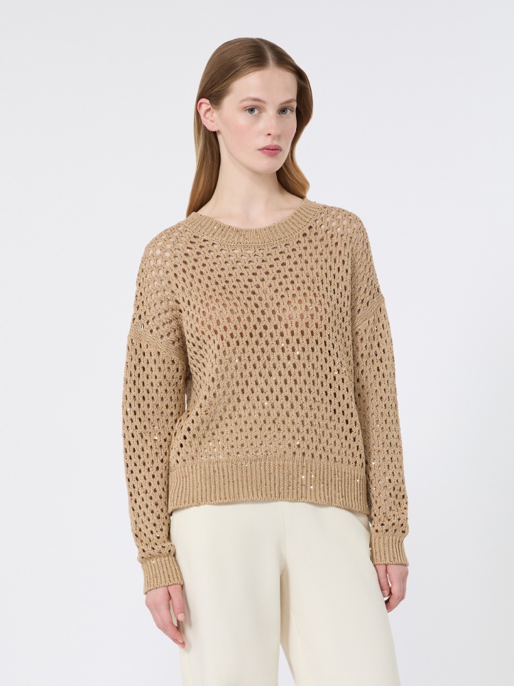 Sequinned cotton boxy sweater - CAMEL - 2