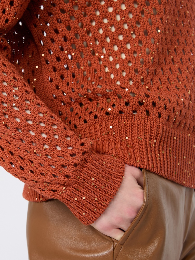 Sequinned cotton boxy sweater - TERRA COTTA - 4