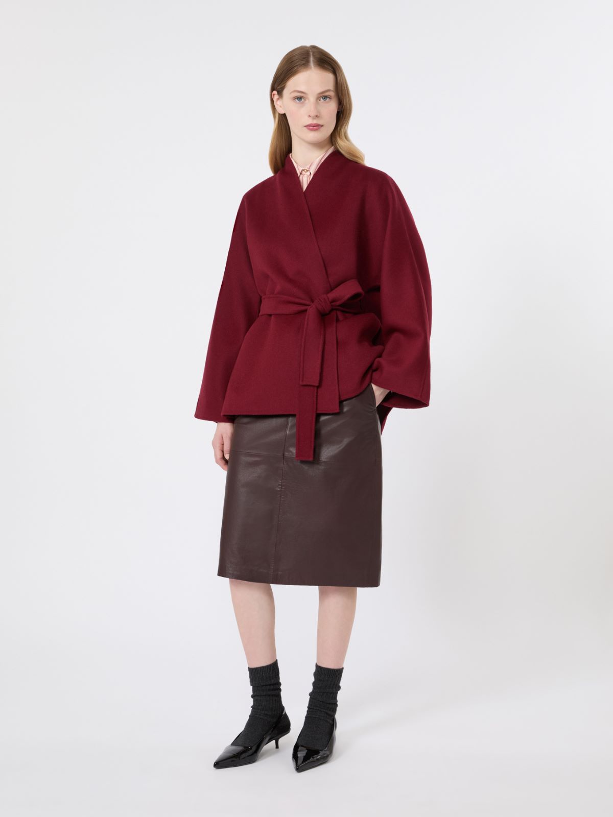 Hammered leather pencil skirt - BORDEAUX