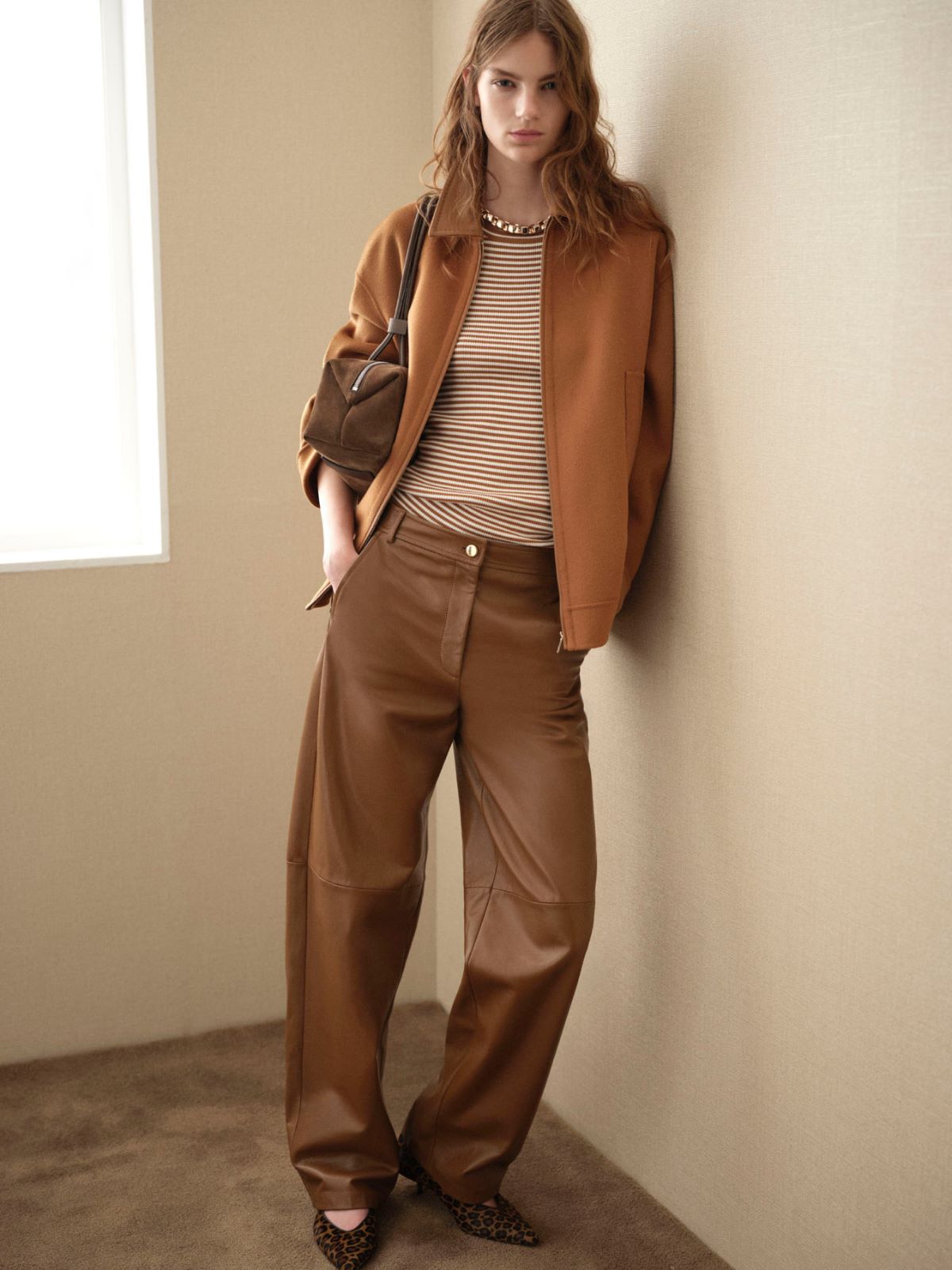 Nappa leather barrel-leg trousers - CARAMEL