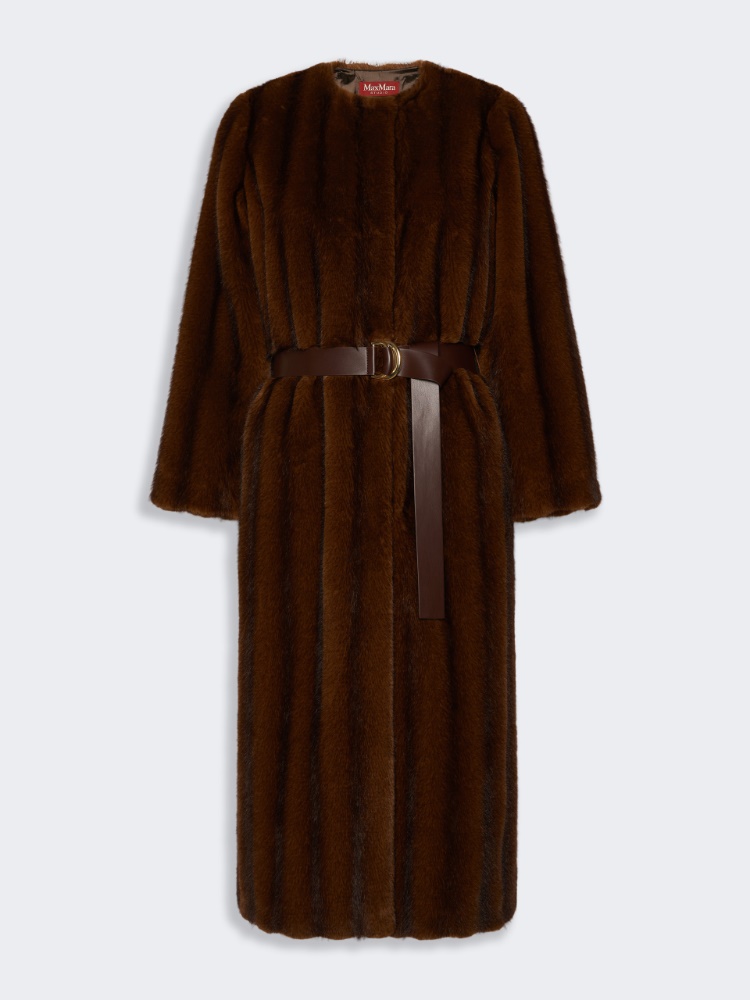 Fluffy-textured long coat - HAZELNUT BROWN