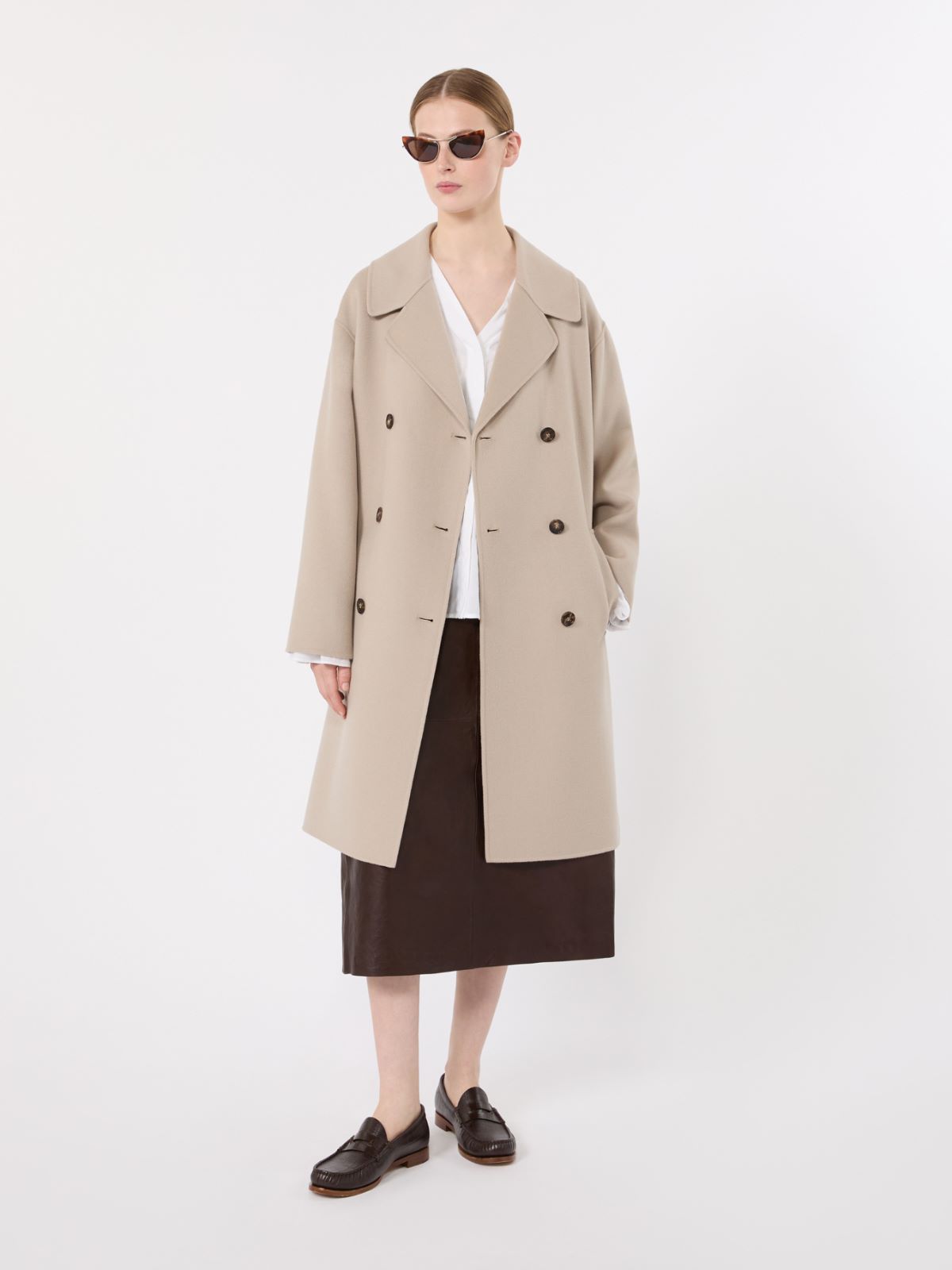 Double-breasted wool midi coat - BEIGE
