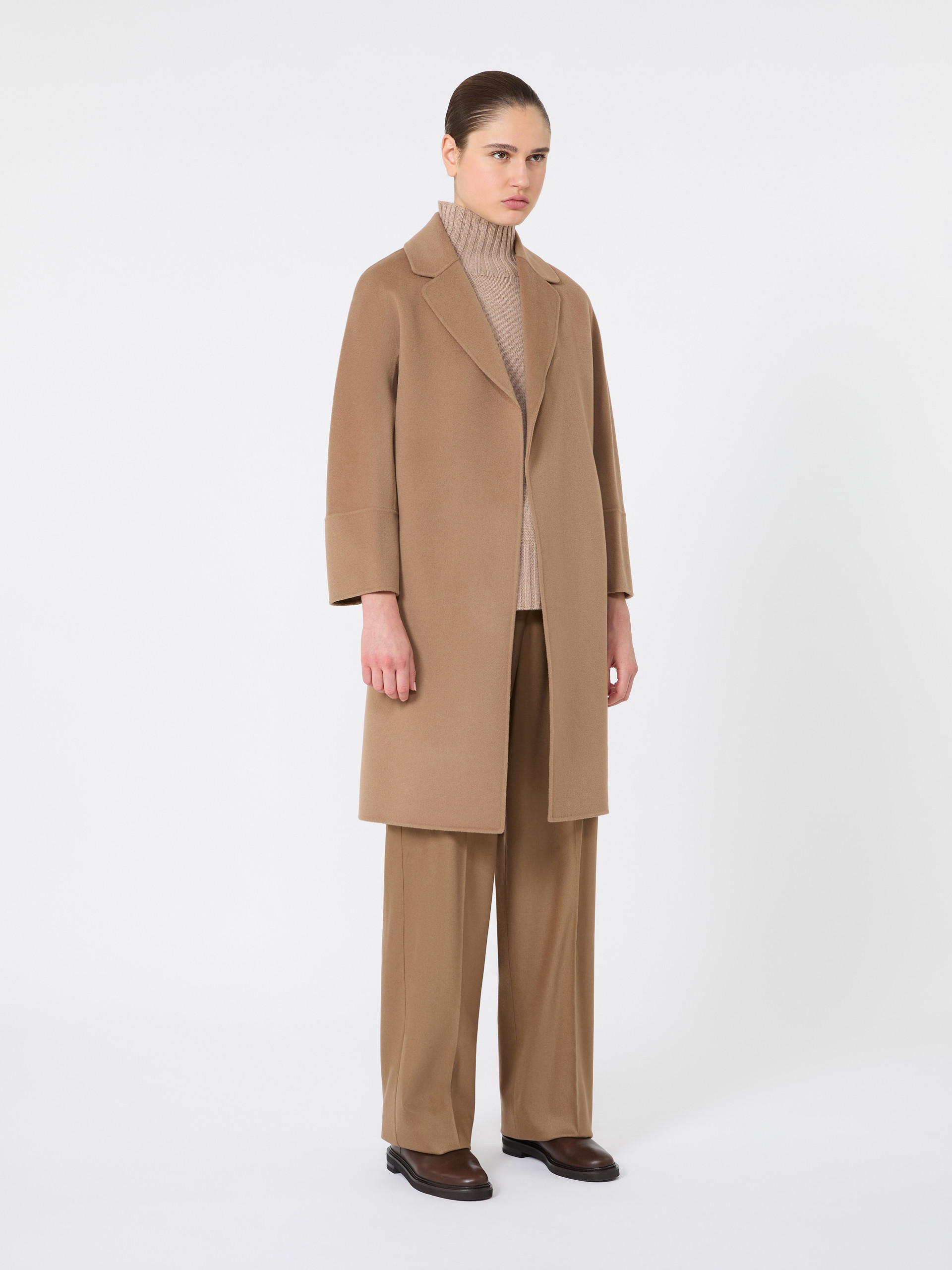 Model wearing the short camel S Max Mara double-faced wool coat