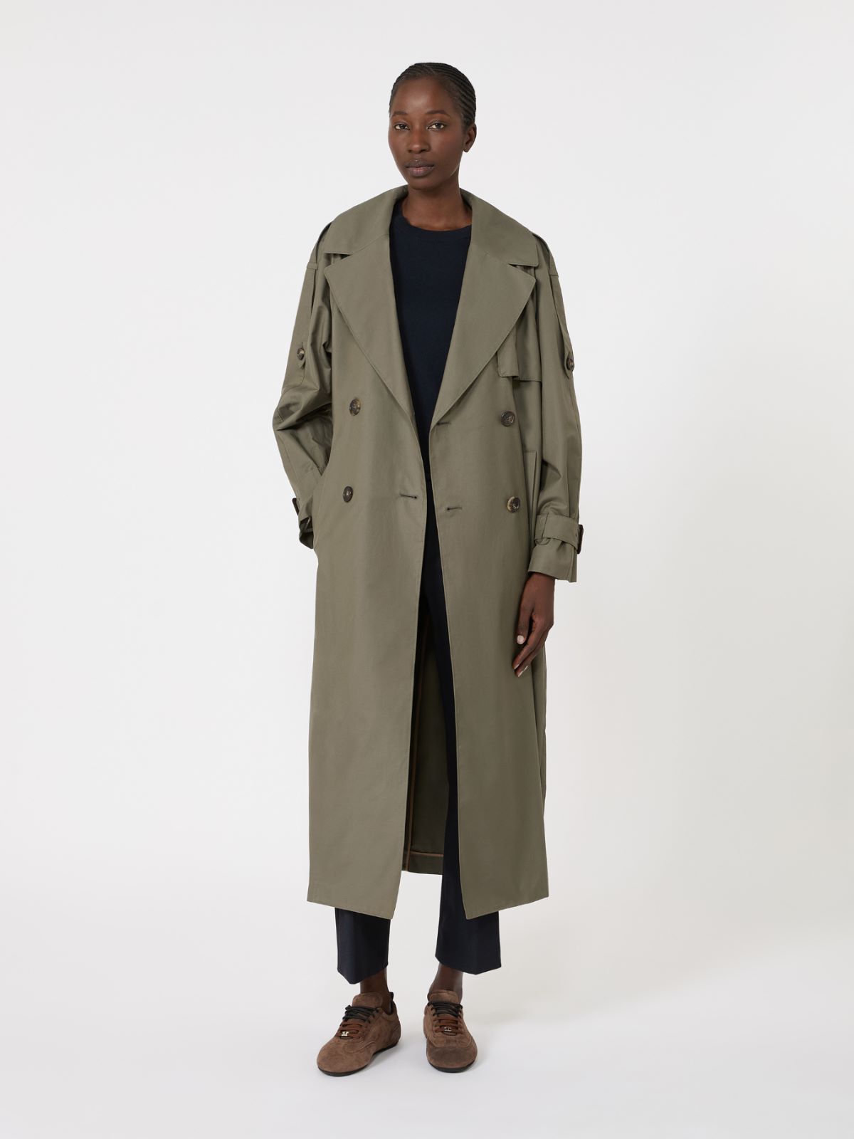 Long double-breasted trench coat in water-repellent cotton - MEDIUM GREY - Max Mara