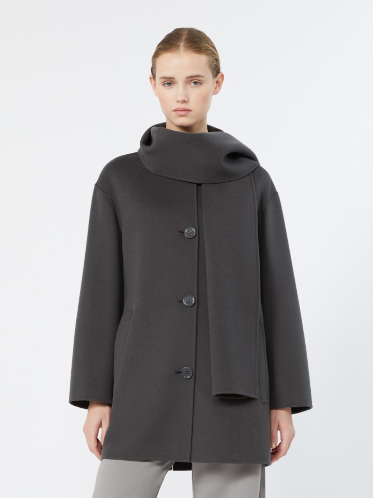 Short wool coat with scarf - DARK GREY - 2