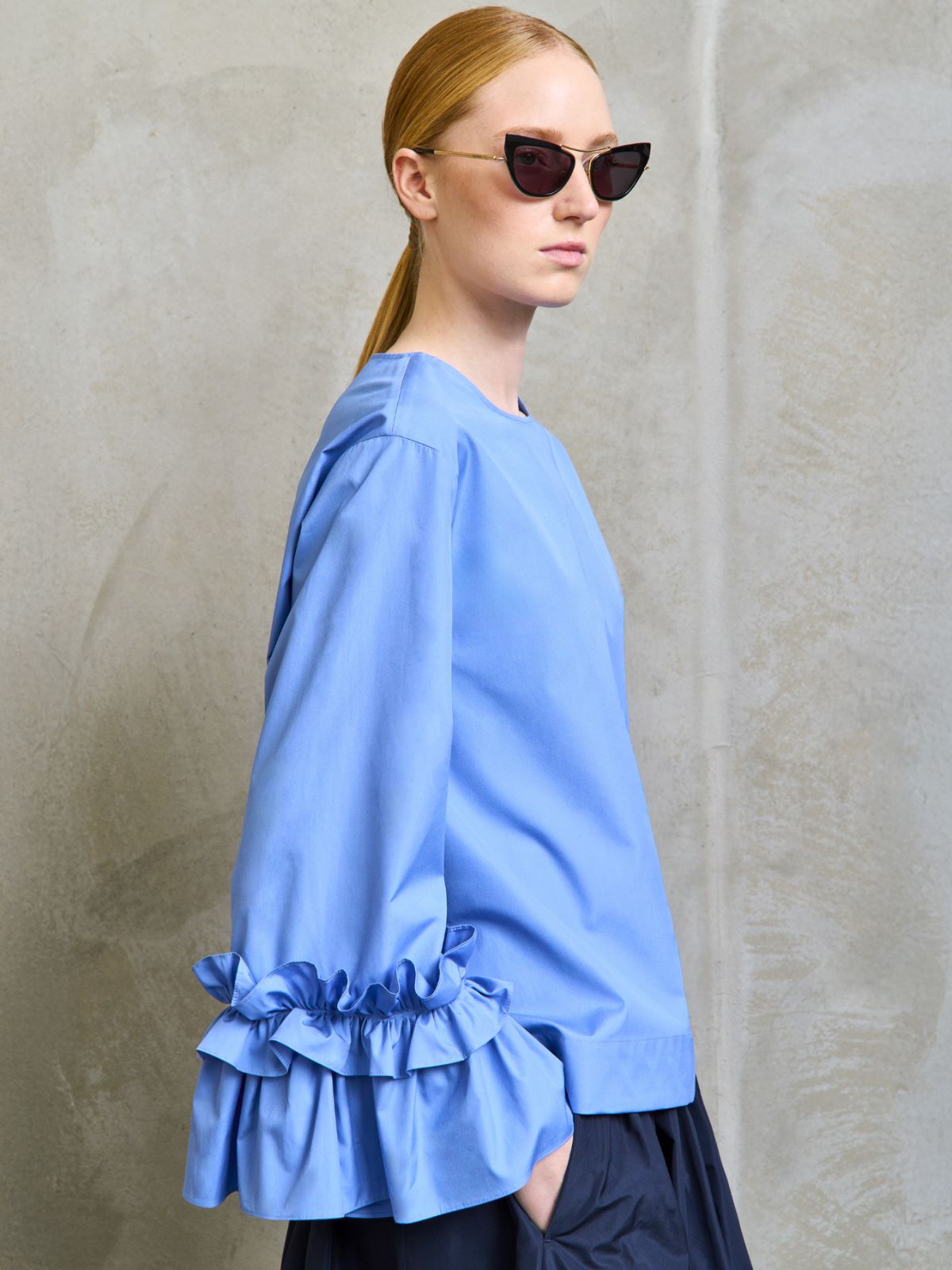 Poplin blouse with ruffles and flounces + LIGHT BLUE - Max Mara