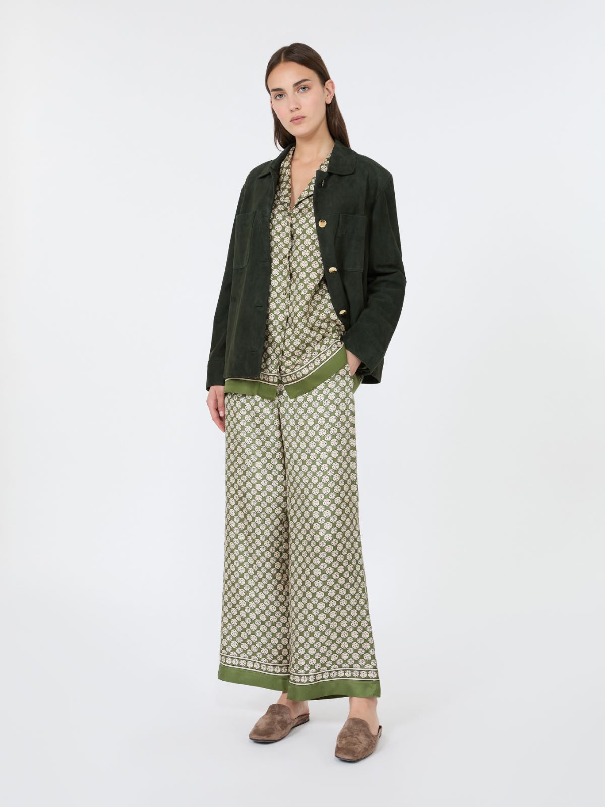 Printed silk twill trousers with drawstring + KAKI - Max Mara