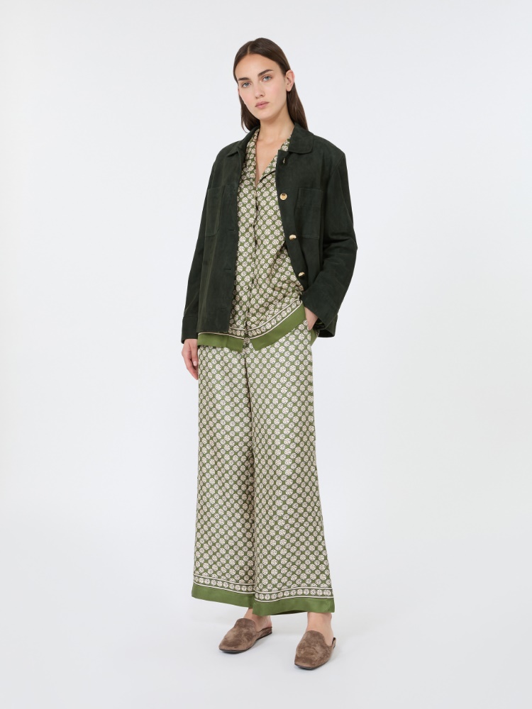 Printed silk twill trousers with drawstring - KAKI