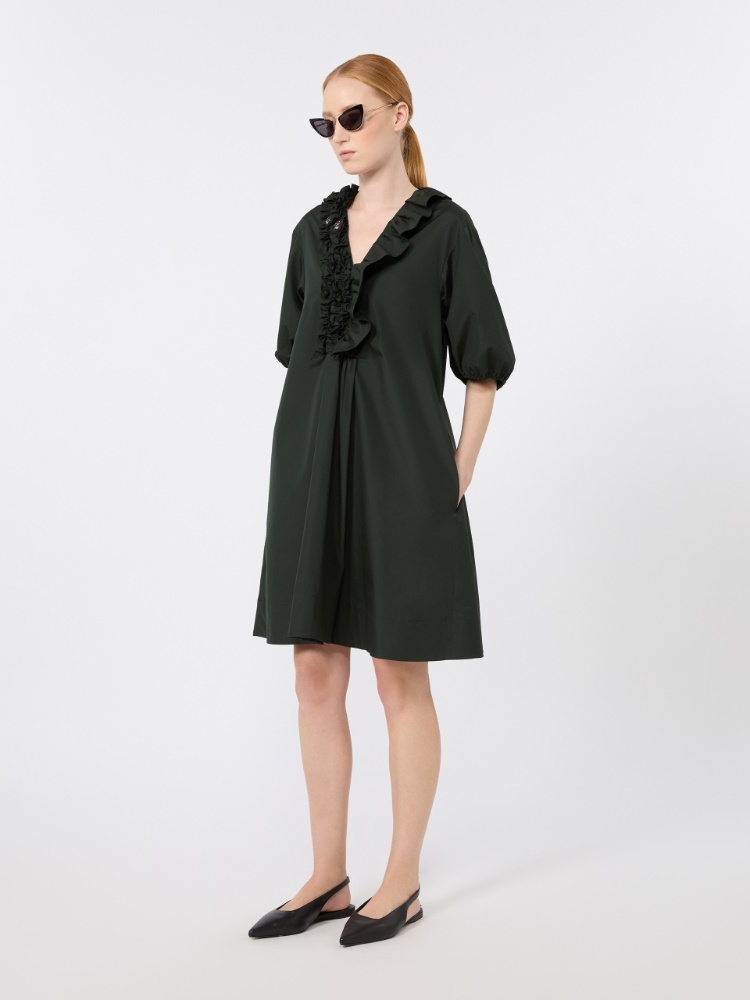 Cotton poplin short dress with ruffles - GREEN
