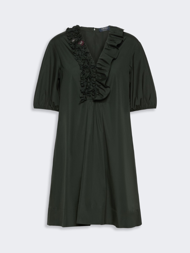 Cotton poplin short dress with ruffles - GREEN