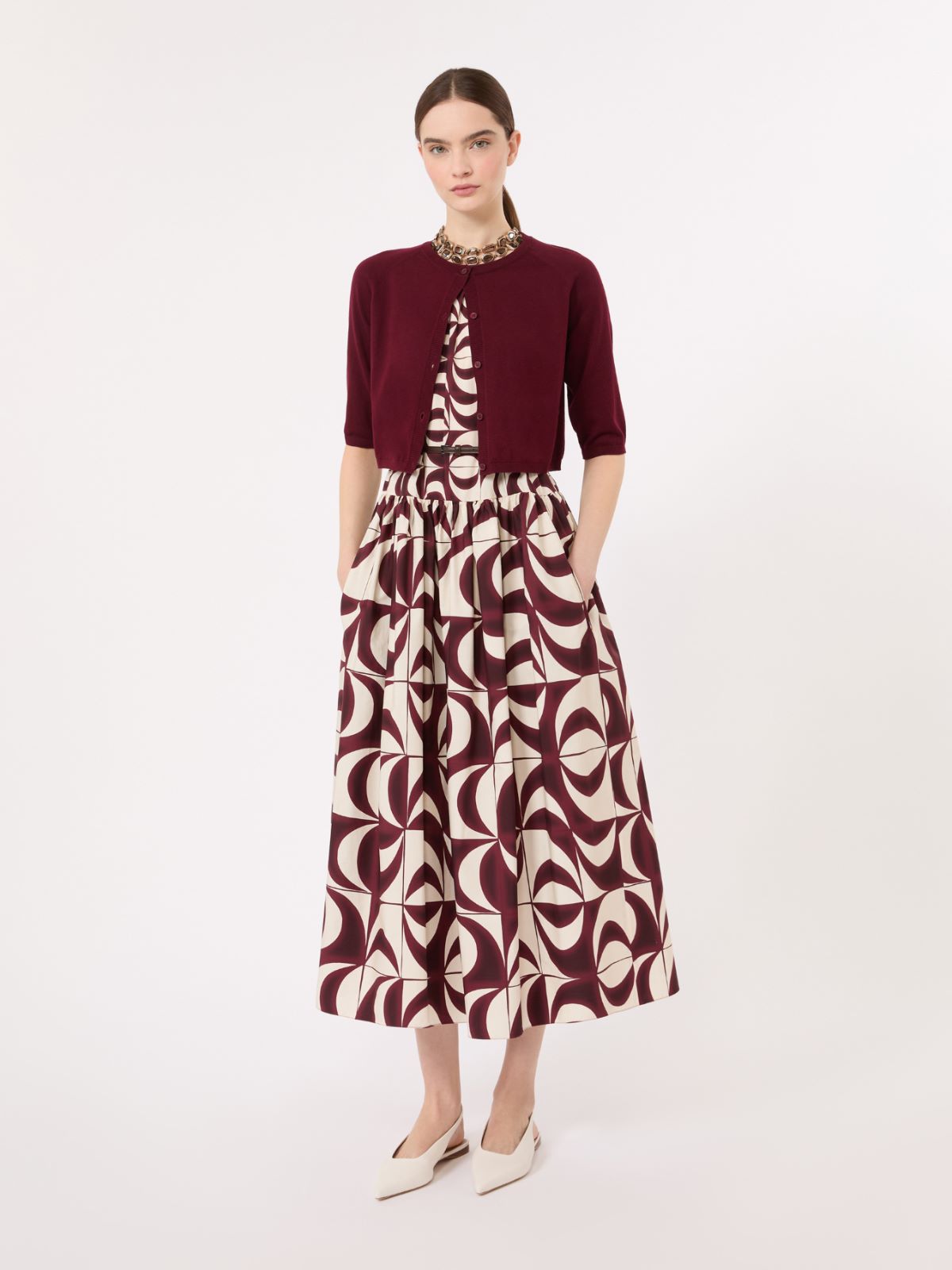 Printed cotton poplin dress + BORDEAUX - Max Mara
