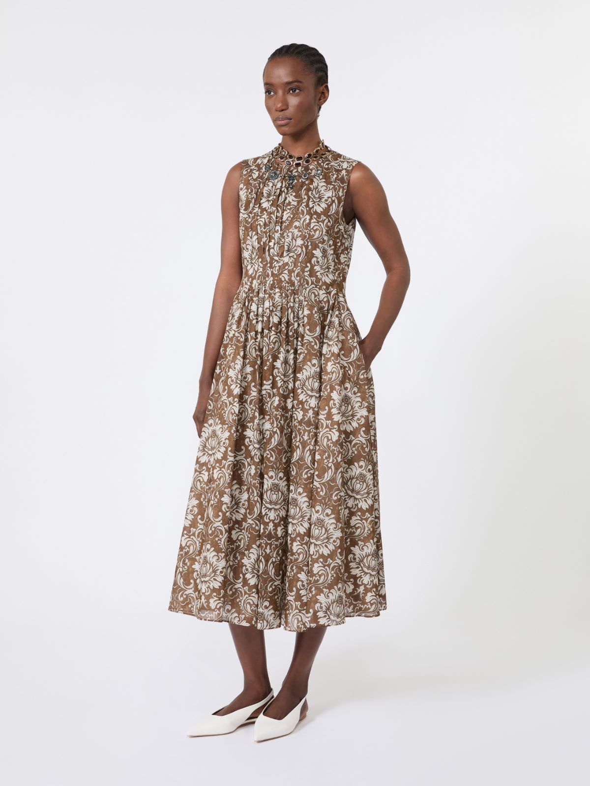 Printed cotton voile midi dress - BROWN GOLD