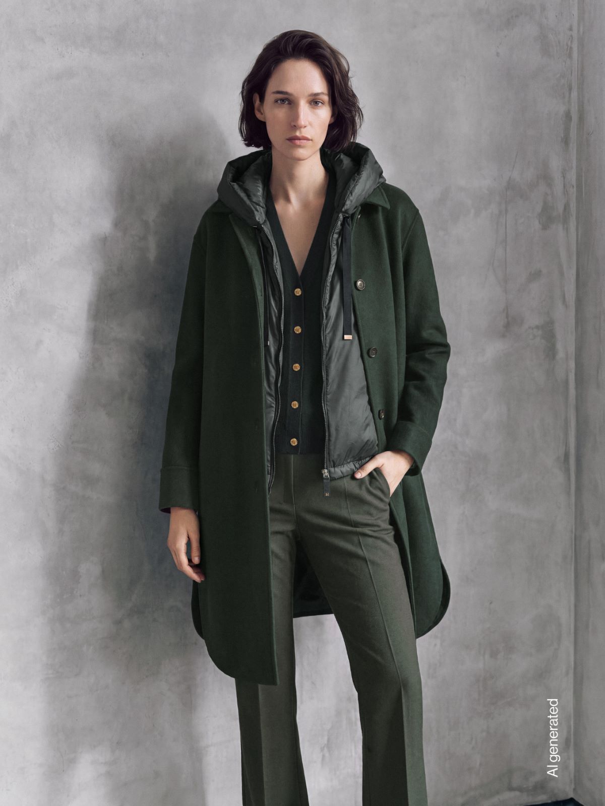 Gilet imbottito con cappuccio in tela antigoccia - VERDE SCURO