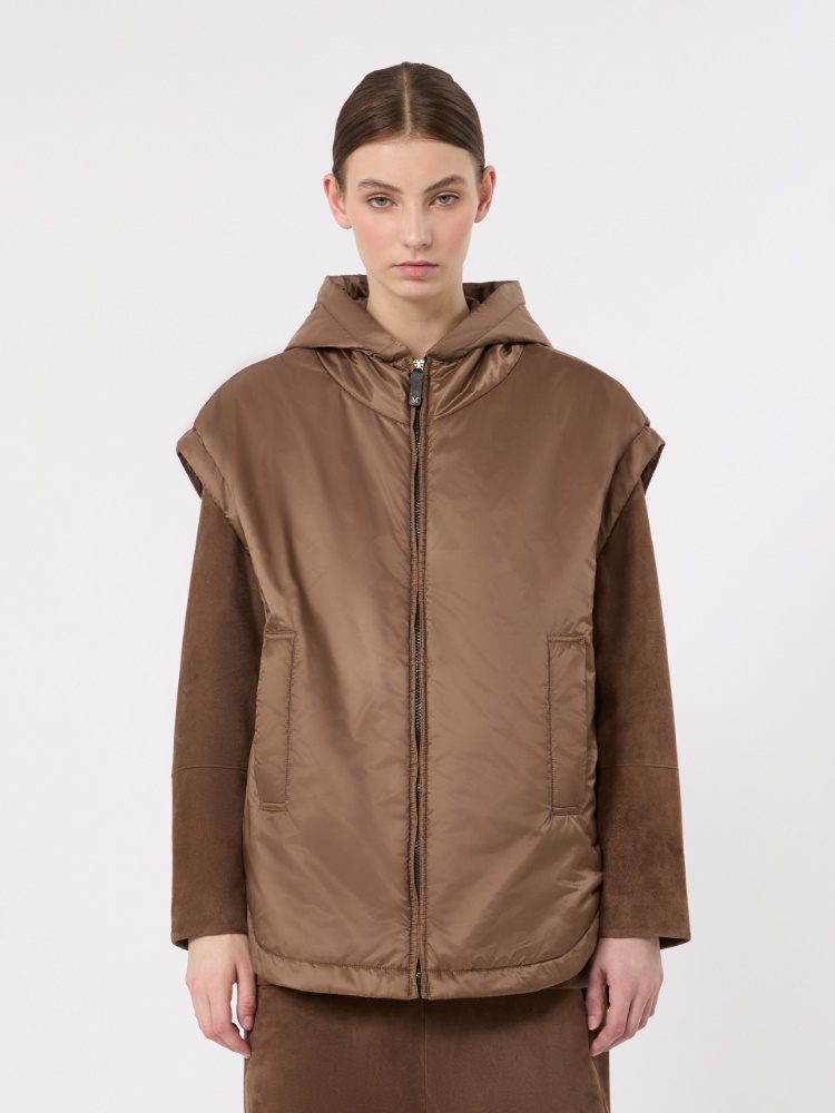 Padded, hooded gilet in water-repellent canvas - MUD - 2