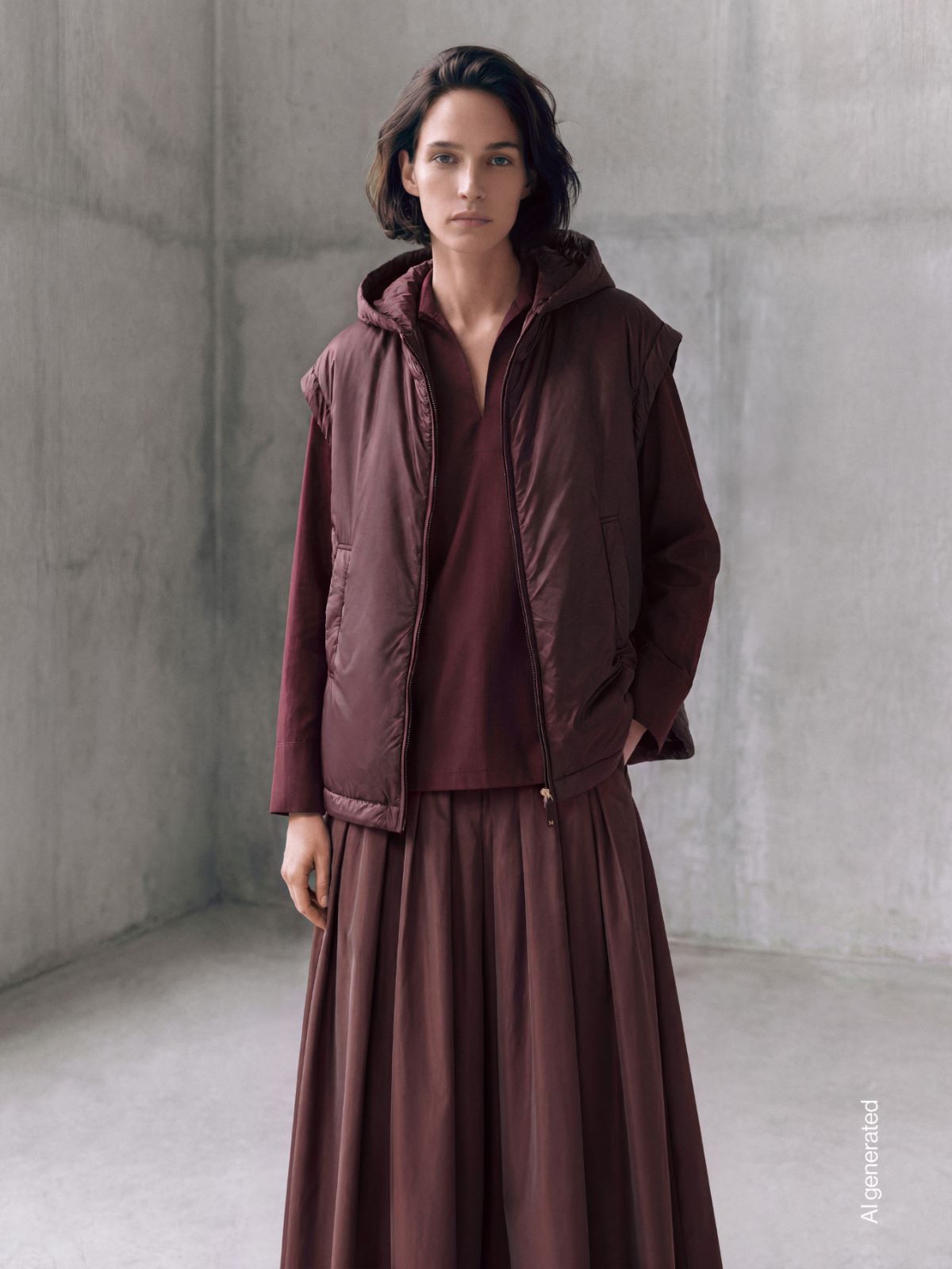 Gilet imbottito in tela antigoccia con cappuccio - BORDEAUX