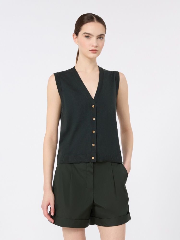 Cotton, silk and cashmere yarn gilet - DARK GREEN - 2