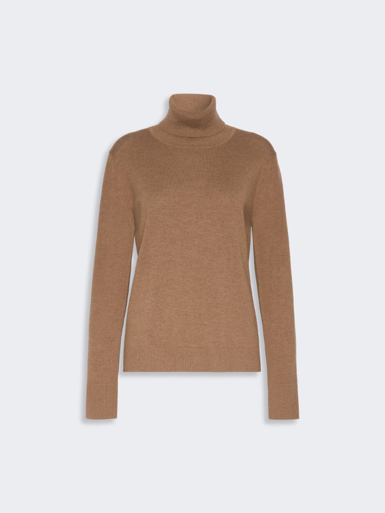Wool polo-neck sweater with branded patch detail - CAMEL