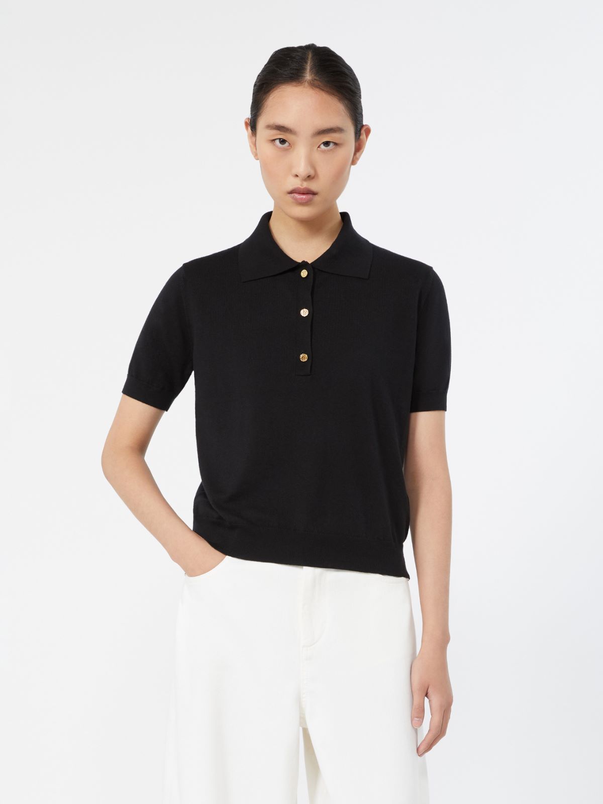 Polo shirt in cotton, silk and cashmere yarn - BLACK - Max Mara - 2