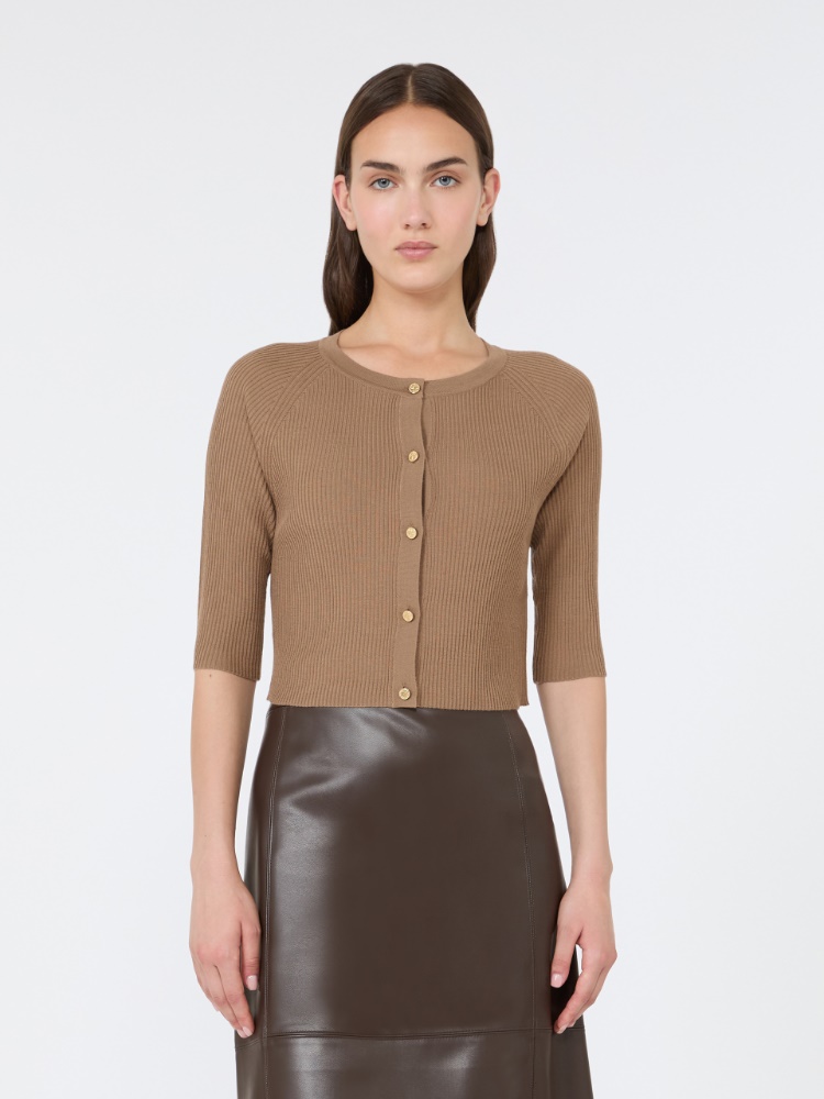 Woollen yarn cropped cardigan - CAMEL - 2