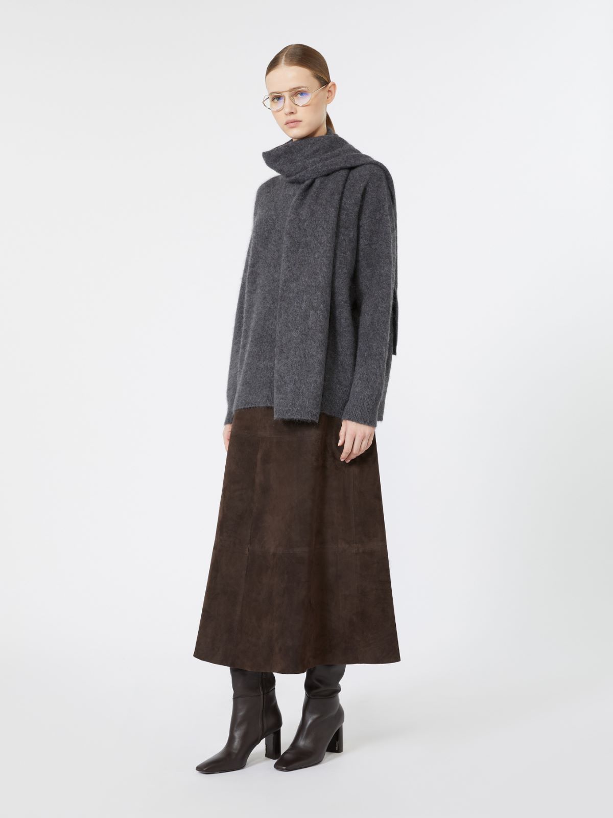 Yak yarn sweater with scarf detail - MEDIUM GREY