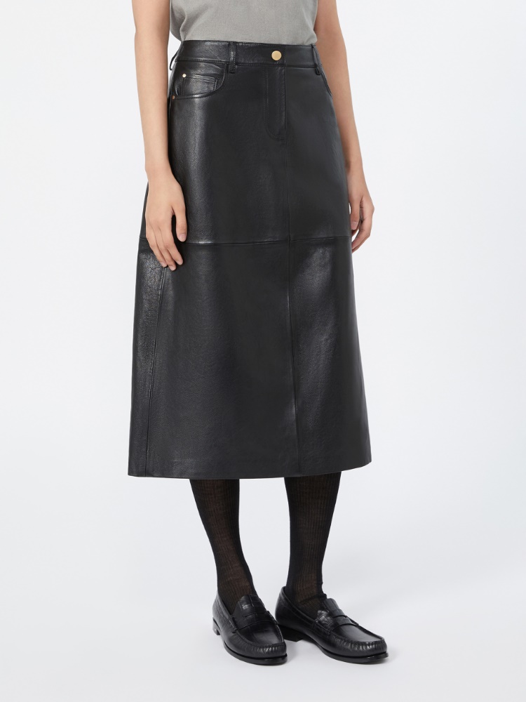 Nappa-leather A-line skirt - BLACK - 2