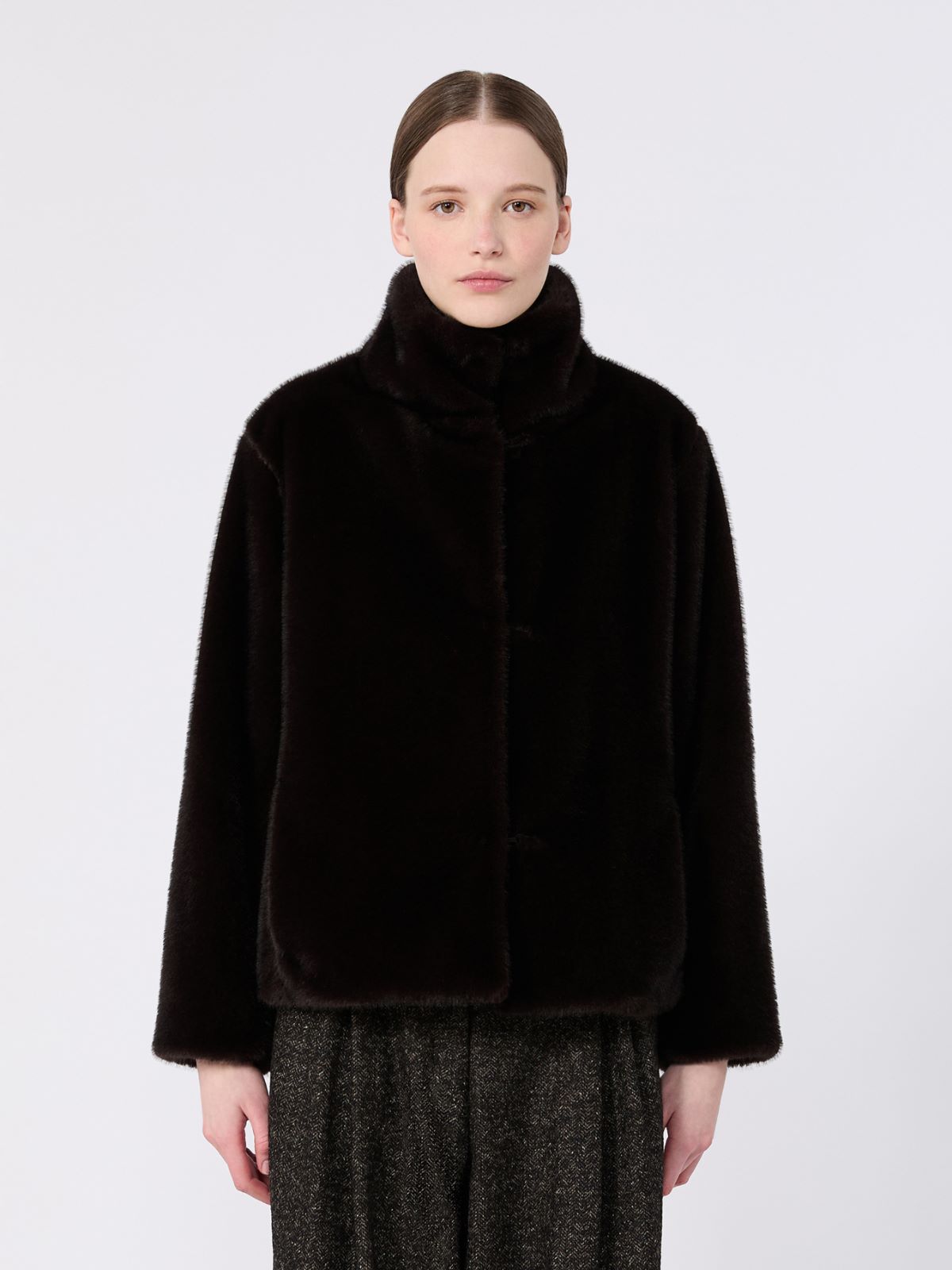 Fluffy-textured cropped coat - DARK BROWN - Max Mara - 2