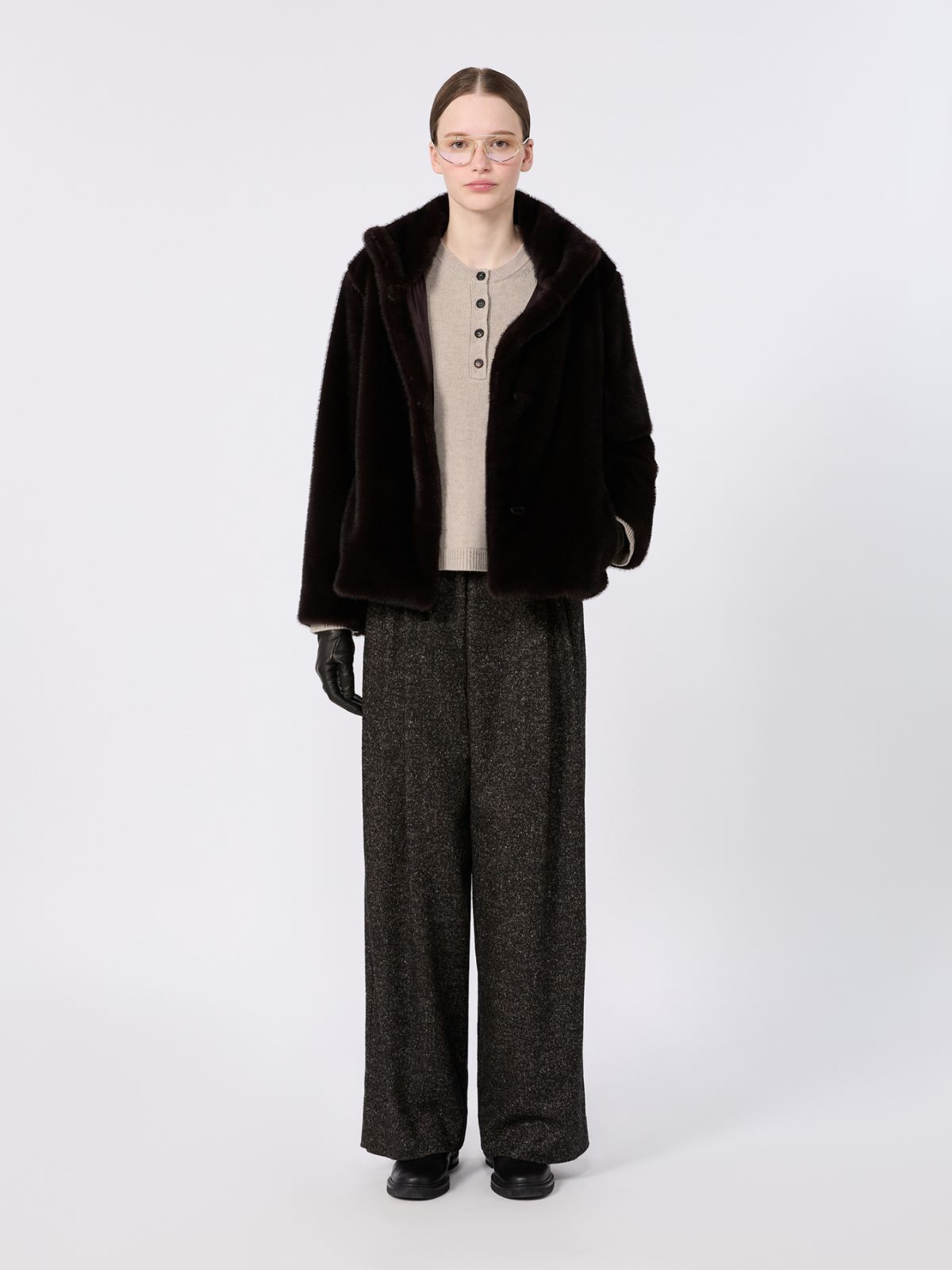 Fluffy-textured cropped coat + DARK BROWN - Max Mara