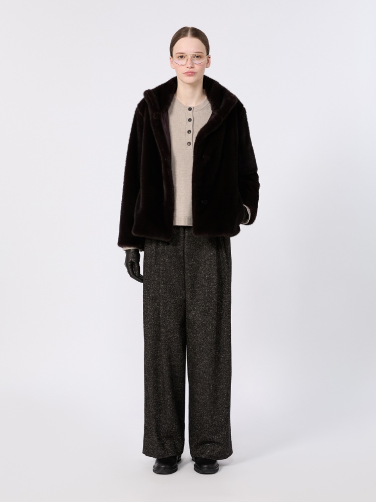 Fluffy-textured cropped coat - DARK BROWN