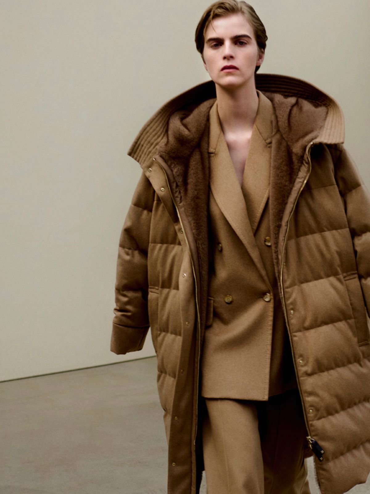 Midi puffer jacket in camel drap - BEIGE