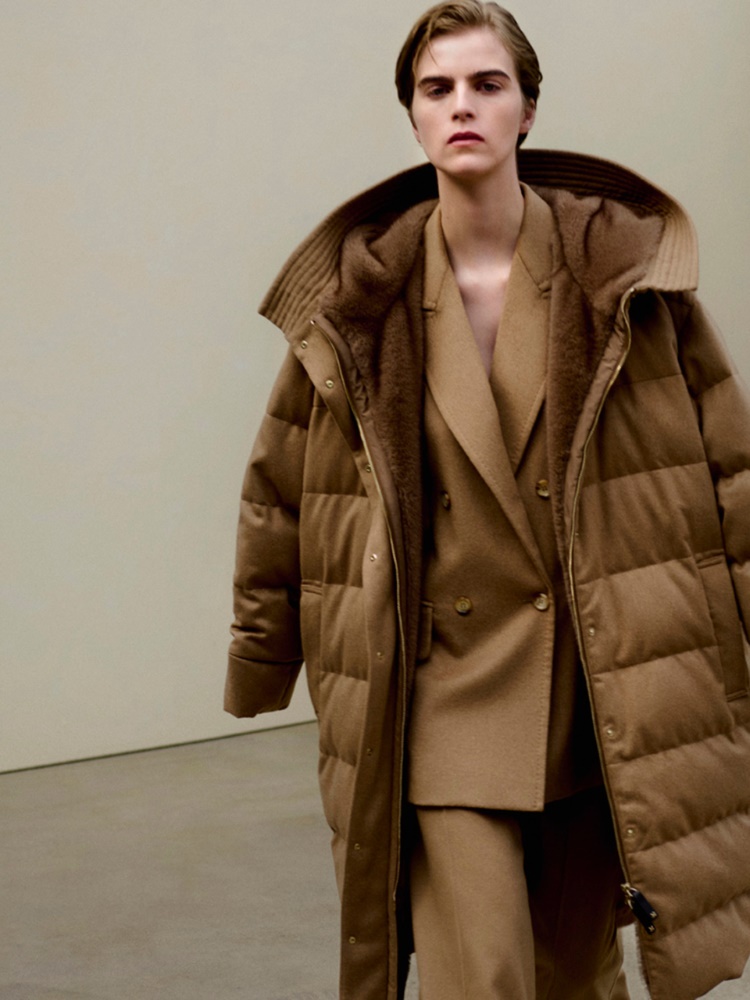 Pikowana kurtka midi z drapowanej wełny wielbłądziej + BEŻOWY - Max Mara