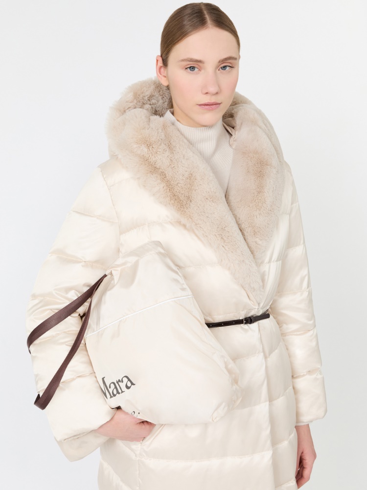 Reversible long water-repellent iridescent satin down jacket - VANILLA