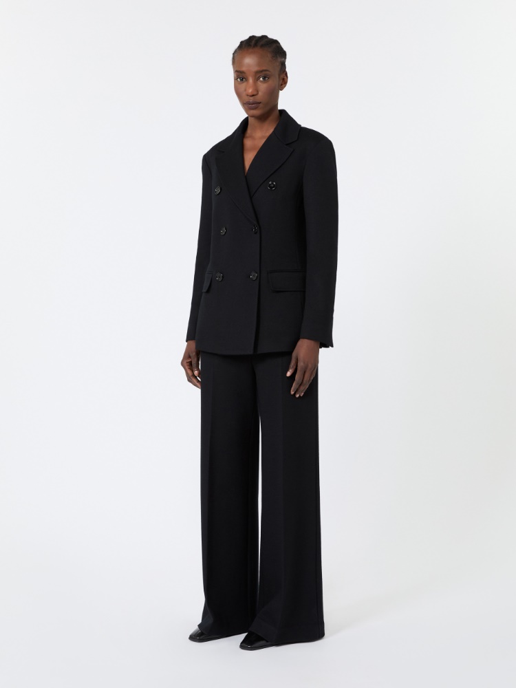 Double-breasted wool and cotton micro-piqué jacket - BLACK