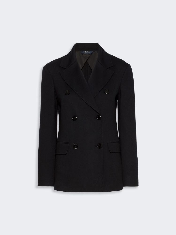 Double-breasted wool and cotton micro-piqué jacket - BLACK